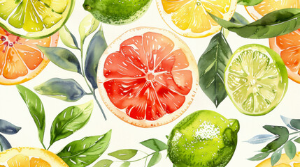 Watercolor pattern of citrus fruits, mango, and lemon and lime leaves for vibrant and summery design