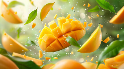 Falling juicy mango with green leaves isolated on transparent background