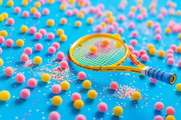 Sticker - Colourful background and yellow tennis racket. Many shuttlecocks on the floor. Sport background


