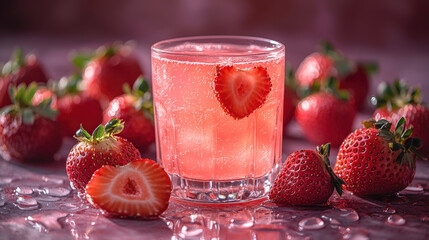 Wall Mural - a juice glass of strawberry juice surrounded by a few strawberries on an empty background