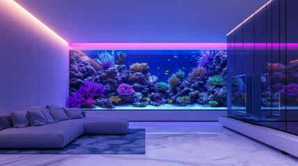 Wall Mural - A large aquarium with corals and fish in the interior of a two-story apartment, featuring a modern style with a white marble floor.