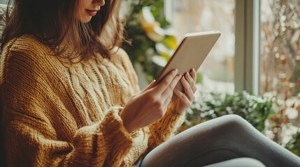 Poster - A person using an insurance chatbot to answer queries about their policy on a tablet.