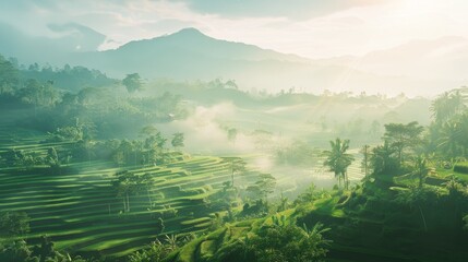 Poster - Sunlight breaks through mist over verdant terraced fields, leading to a towering mountain in the background, an idyllic scene of natural beauty and tranquility.