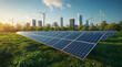 © jex - A solar panel farm stands in an open field with wind turbines and a city in the background, symbolizing the advancement of green energy and sustainable development. Beautiful green energy landscape.