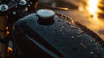 A close-up of a motorbike’s fuel cap and tank, with raindrops glistening on the surface, captured in a low-light setting.


