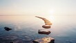© VK Studio - Stepping stones lead into the horizon over a calm body of water, with a soft sunrise casting a gentle glow over the tranquil scene.
