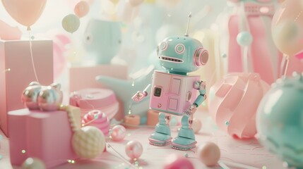 A charming robot stands amidst pastel-colored soft toys, creating a whimsical and nostalgic atmosphere.