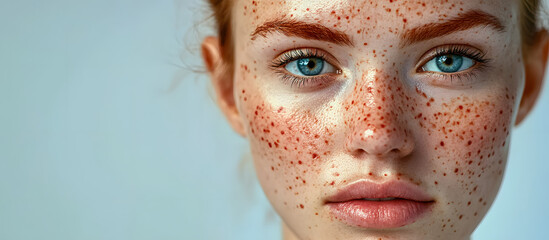 Sticker - Woman without makeup displaying red facial spots indicative of health issues like skin diseases conveying the intersection of medicine and cosmetology in a copy space image