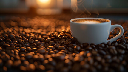 Wall Mural - A white coffee cup sits on a pile of coffee beans