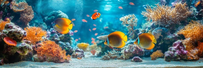 A vibrant coral reef with colorful fish swimming around the reef, including yellow and blue tropical fish.