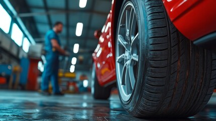 Aufkleber - A man is working on a red car in a garage