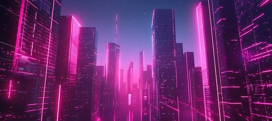 Wall Mural - A futuristic city with neon-lit skyscrapers and interconnected digital grids 