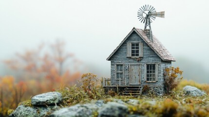 Poster - A small house with a windmill on top of it is sitting on a rocky hill