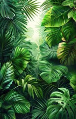 Wall Mural - Tropical leaves frame background with white space in the center for text, white background, watercolor illustration style