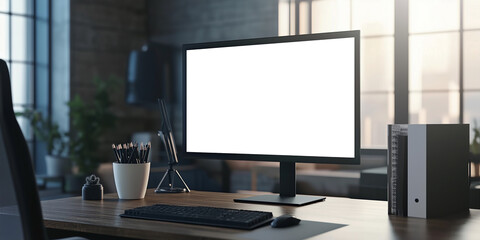 Aufkleber - Mockup of a blank computer screen on a desk in an office with soft natural light coming through the window
