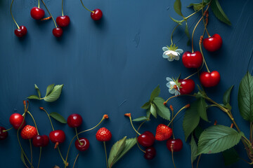 pastel blue pepper cherries and strawberries on the right dark blue background, creative minimal concept, summer refreshment


