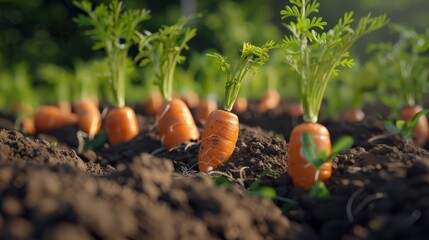 Sticker - Close-up of vibrant carrots growing in rich soil, their leafy tops standing tall and healthy under the bright sunlight.