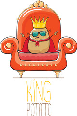 Wall Mural - vector funny cartoon cute brown smiling king potato with golden royal crown and red mantle or cape sitting on orange throne isolated on white background. vegetable funky food drawn character