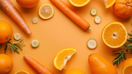 Poster - A colorful arrangement of oranges, carrots, and citrus slices on a vibrant orange background, celebrating freshness and vitality.