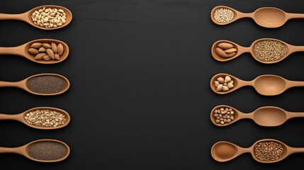 Wall Mural - Different spices and herbs displayed in wooden spoons on a black table, offering a rich variety for cooking and flavoring dishes in an aesthetically pleasing arrangement