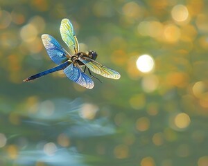 Wall Mural - Iridescent Dragonfly Hovering Above a Serene Pond with Bokeh Background