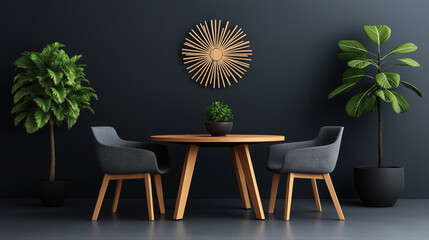 Modern interior with a round wooden table, two gray chairs, wall decoration, and potted plants against a dark background.