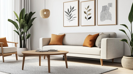 Poster - Modern living room with beige sofa and orange pillows, wooden coffee table, green plants, and minimalistic wall art.