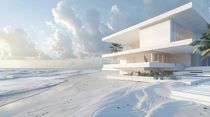 Wall Mural - Magnificent white contemporary home on the beach, generative ai