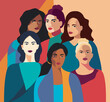 © AyaLinesDesign - International Women's Day card. Poster template with women of different nationalities and religions. Movements for gender equality and women's empowerment. Vector illustration for advertising.