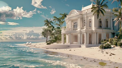 Magnificent white mansion on the beach by the ocean, generative AI