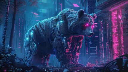 Majestic cyber enhanced bear in a dystopian forest laser eyes glowing symbolizing strength in a future world