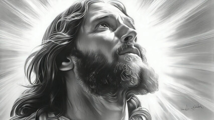 Wall Mural - Jesus Christ face portrait in pencil sketch style with radiant light rays close-up detailed black and white new beautiful stock image illustration AI