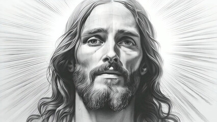 Wall Mural - Jesus Christ face portrait in pencil sketch style with radiant light rays close-up detailed black and white new beautiful stock image illustration AI