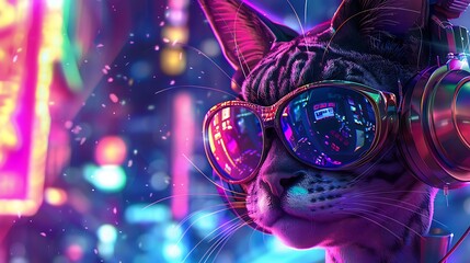 Poster - A humanoid fantasy character with a sleek cat head wearing futuristic sunglasses and large, stylish headphones. The character is set against a neon-lit urban background with a vibrant mix of