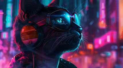 Poster - A humanoid fantasy character with a sleek cat head wearing futuristic sunglasses and large, stylish headphones. The character is set against a neon-lit urban background with a vibrant mix of