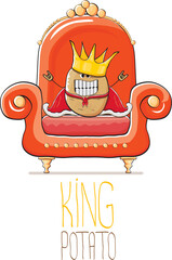 Wall Mural - vector funny cartoon cute brown smiling king potato with golden royal crown and red mantle or cape sitting on orange throne isolated on white background. vegetable funky food drawn character