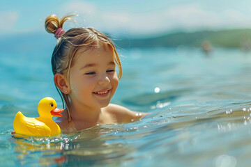 Wall Mural - Lovely small kid having fun time with family weekend at tropical summer beach made with Generative AI