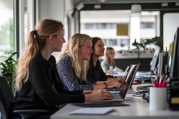 Poster - Two women working on a project together at their desks in an open plan office