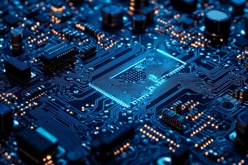 Poster - Futuristic digital motherboard texture on black background. Neon blue light effects.