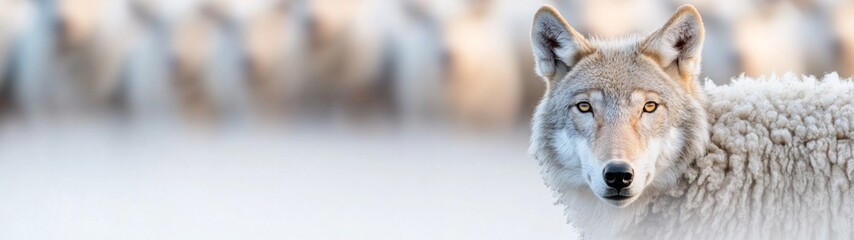  Wolf in Sheep's Clothing, a closeup of a cunning wolf blending into a flock, set against a minimalist backdrop, emphasizing deception in a clean, open environment.