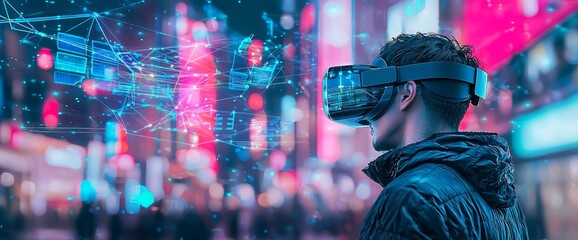 Aufkleber - Virtual reality glasses used by a young woman on dark background. Smartphones used with VR headsets. Virtual reality concept. Asian woman using VR glasses under colorful neon lights.