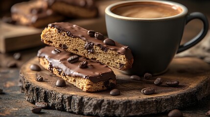 Chocolate Dipped Biscotti with Coffee on Rustic Wooden Table