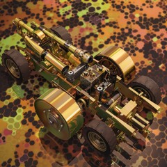 Poster - Gold robotic vehicle with exposed engine and wheels on a camouflaged background.