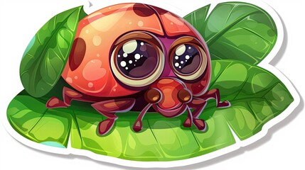 Sticker - Cute cartoon ladybug on a leaf