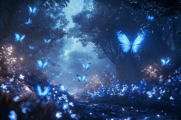 Canvas Print - A fairytale forest with fireflies and butterflies, painted with digital illustration and matte.