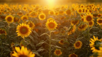 Wall Mural - Golden sunflowers basking in the warm glow of the setting sun.