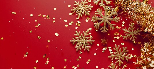 Canvas Print - A glittery red Xmas background with lights and snowflakes. A Merry Christmas banner is displayed on the background.