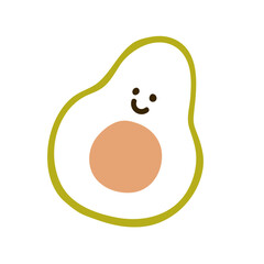Poster - Cute funny avocado, fruit character in simple kids doodle style. Kawaii comic vegetable smiling, happy playful food. Outlined drawing, childish flat vector illustration isolated on white background