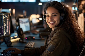Poster - A focused, dedicated female call center agent completing tasks on a computer located within a central customer service center.