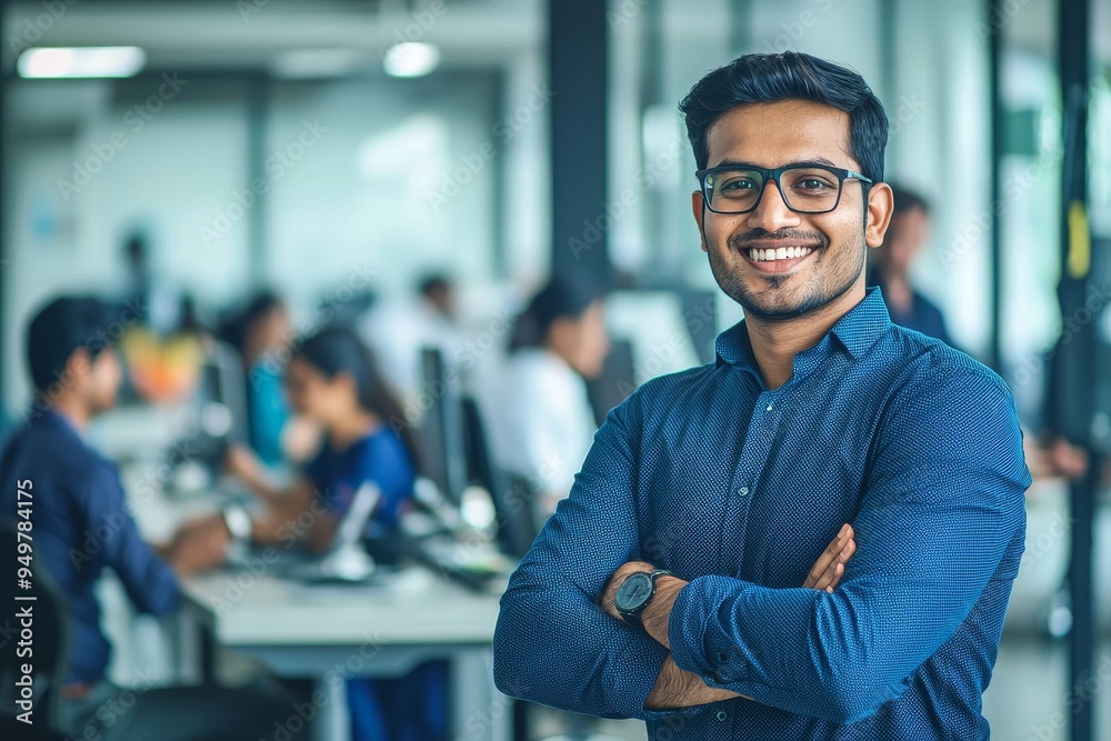 Standing with his arms crossed in a modern office for an IT company, a ...